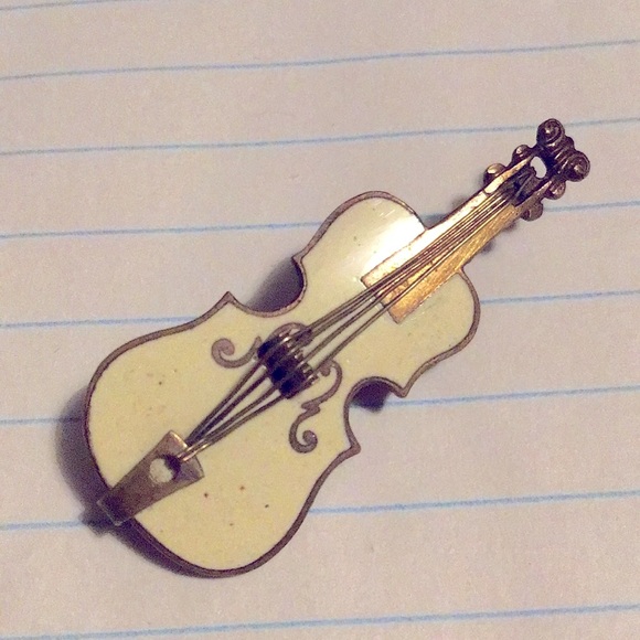 Fiddle or violin estate brooch Antique jewelry enamel instrument c clasp pin - Picture 7 of 13